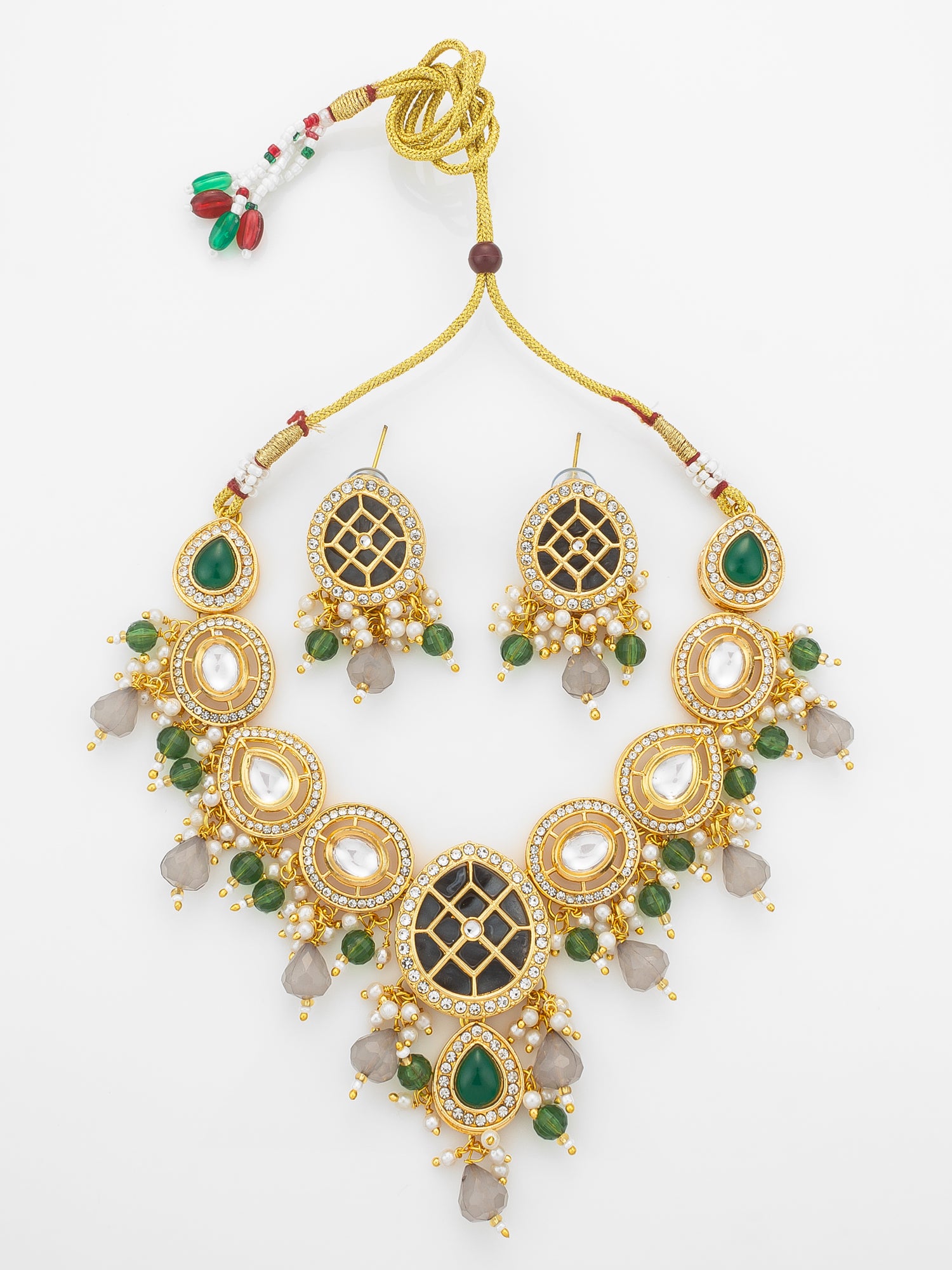 Aadita Green & Grey Necklace Set with Lattice Pendant and Drop Earrings