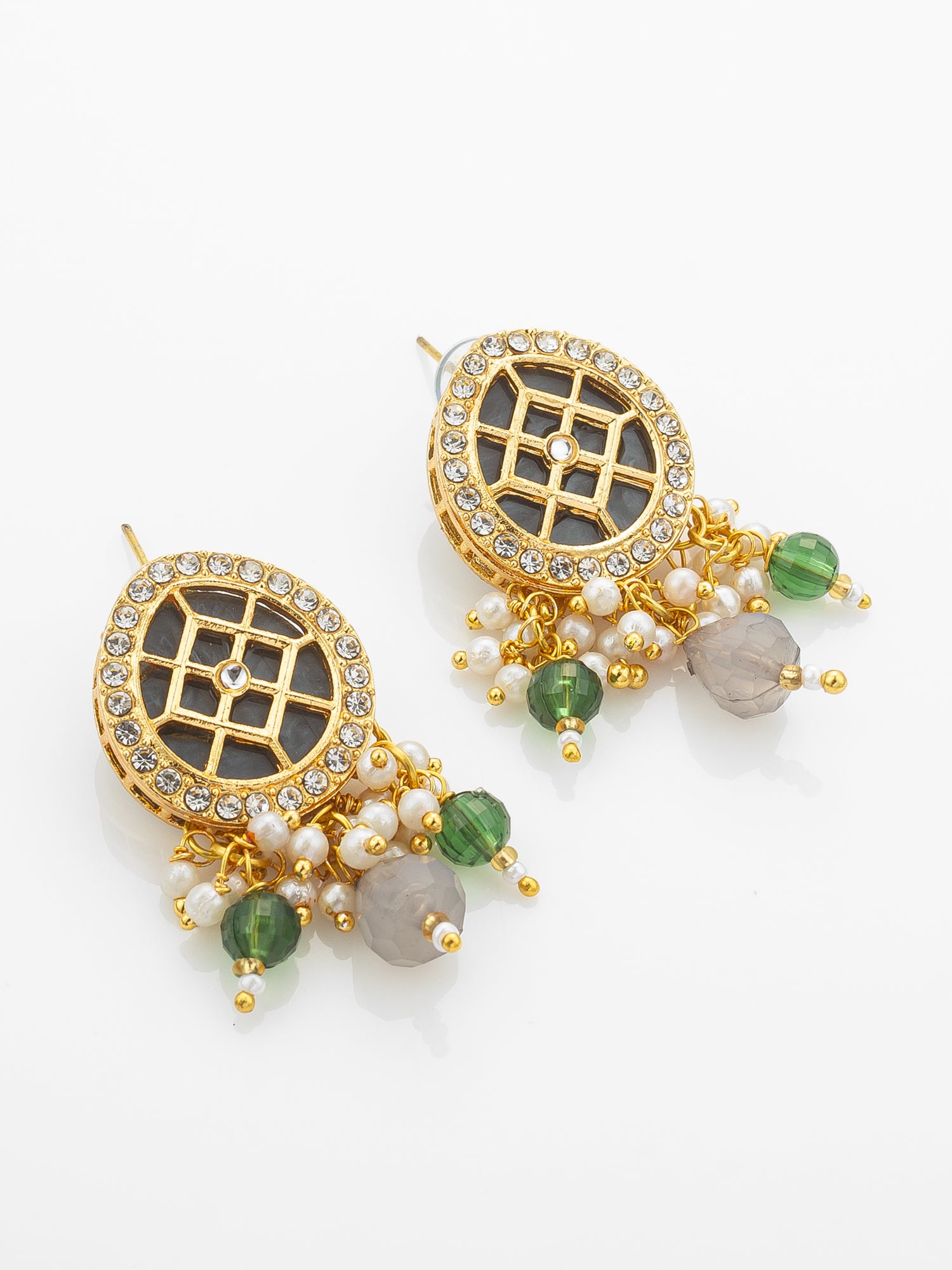 Aadita Green & Grey Necklace Set with Lattice Pendant and Drop Earrings