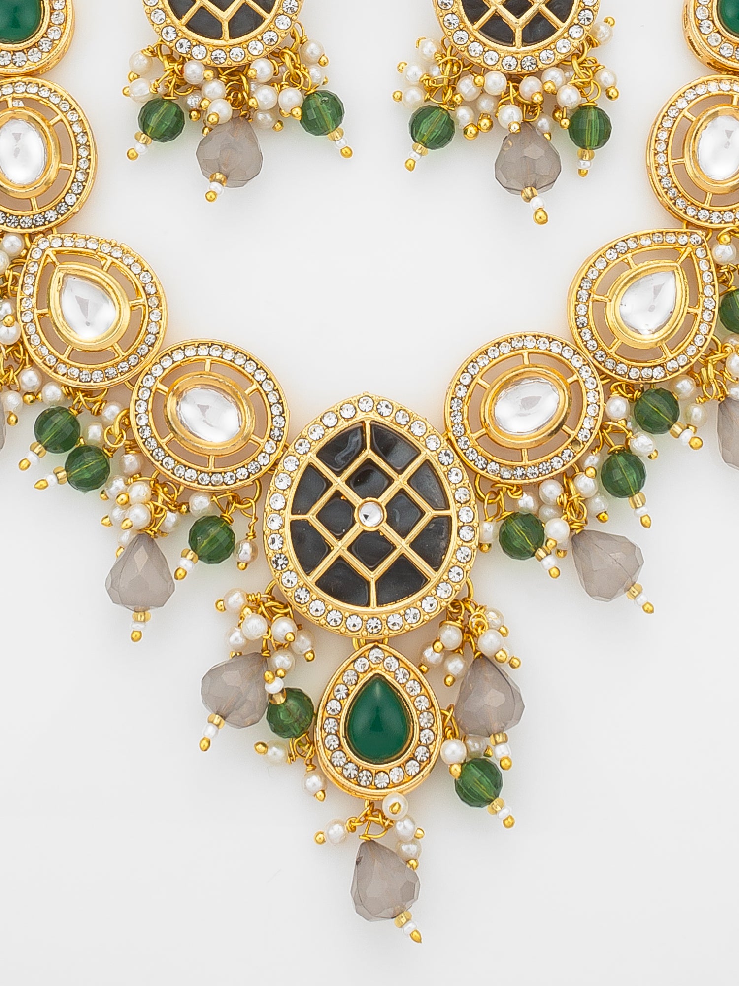 Aadita Green & Grey Necklace Set with Lattice Pendant and Drop Earrings