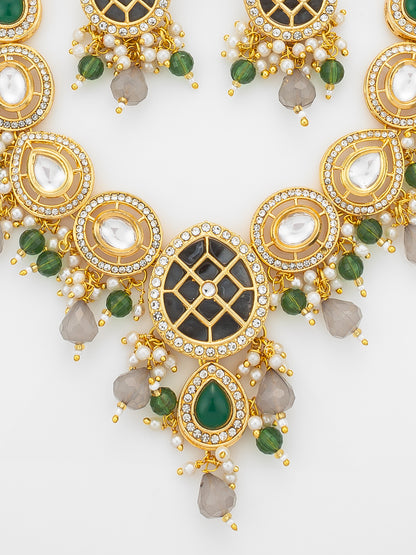 Aadita Green & Grey Necklace Set with Lattice Pendant and Drop Earrings