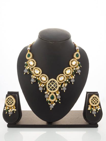 Aadita Green & Grey Necklace Set with Lattice Pendant and Drop Earrings