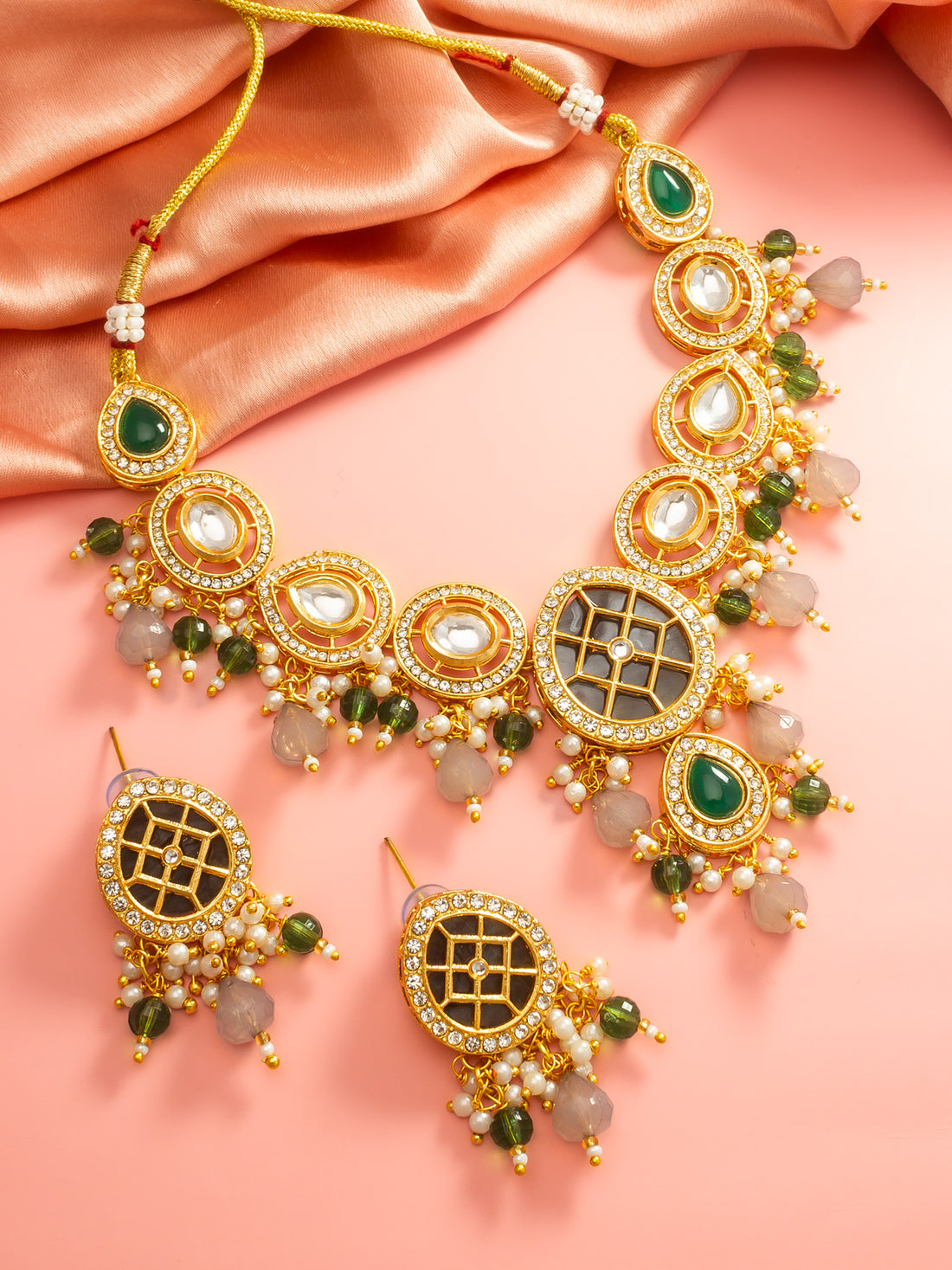 Green & Grey Necklace Set with Lattice Pendant and Drop Earrings