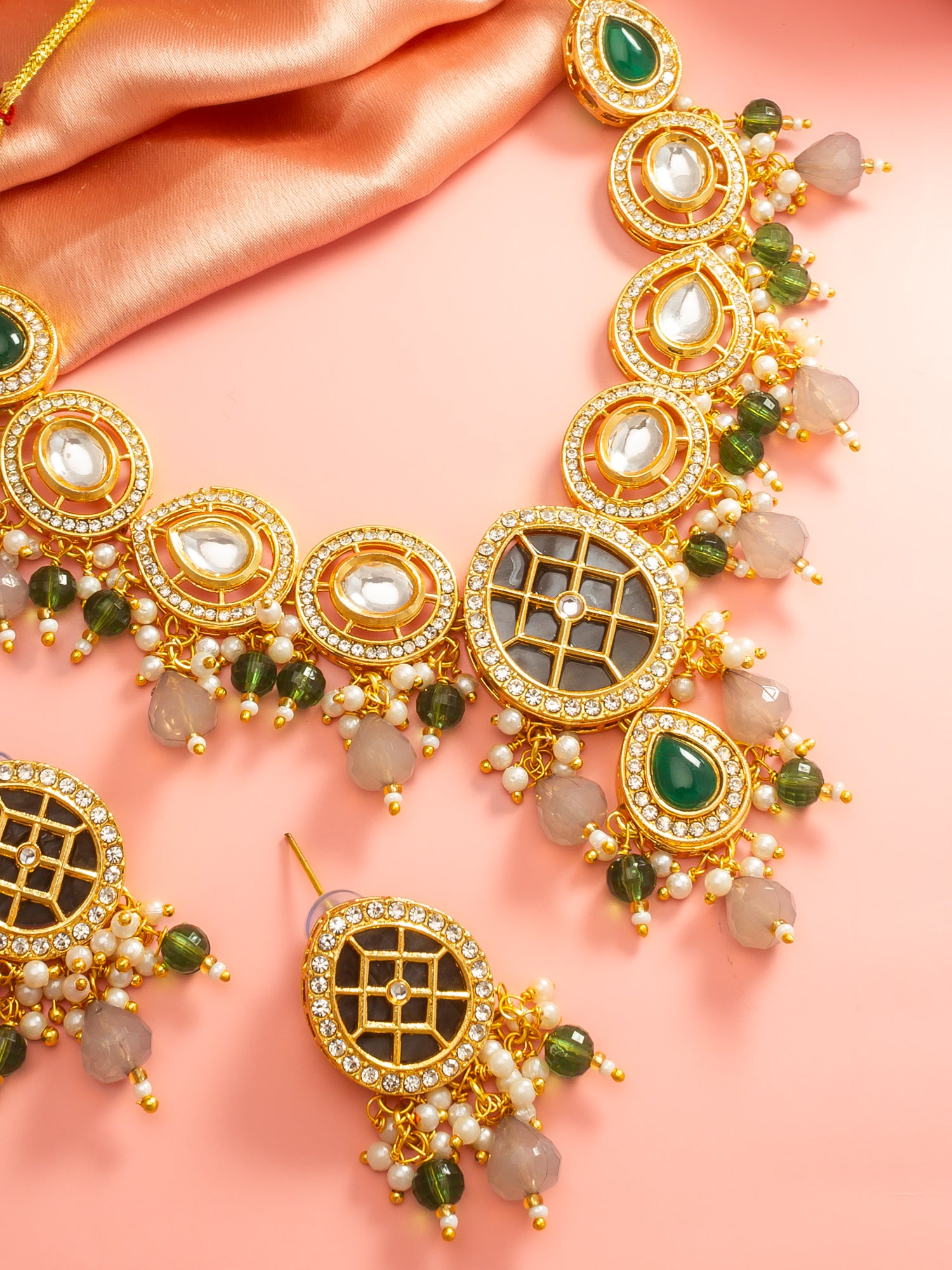 Aadita Green & Grey Necklace Set with Lattice Pendant and Drop Earrings