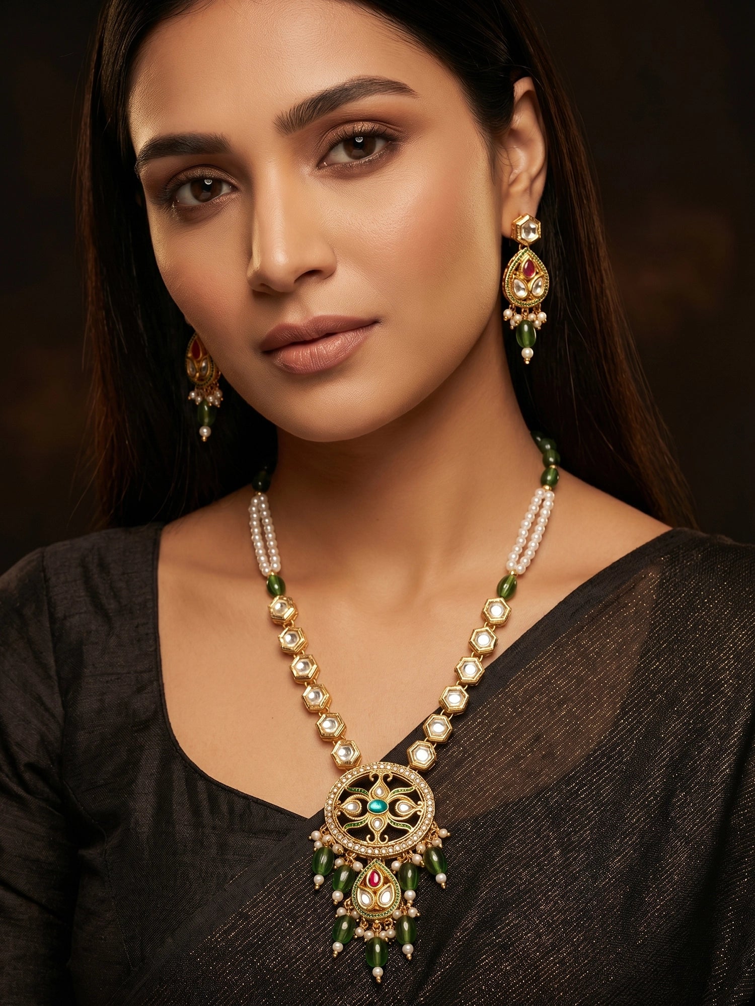 Aadita Green Meenakari Long Necklace Set with Oval Pendant and Teardrop Earrings
