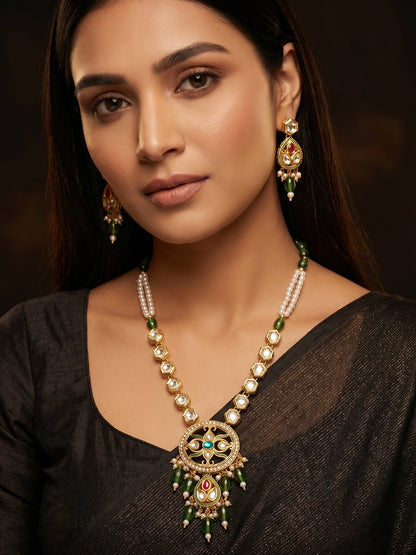 Aadita Green Meenakari Long Necklace Set with Oval Pendant and Teardrop Earrings