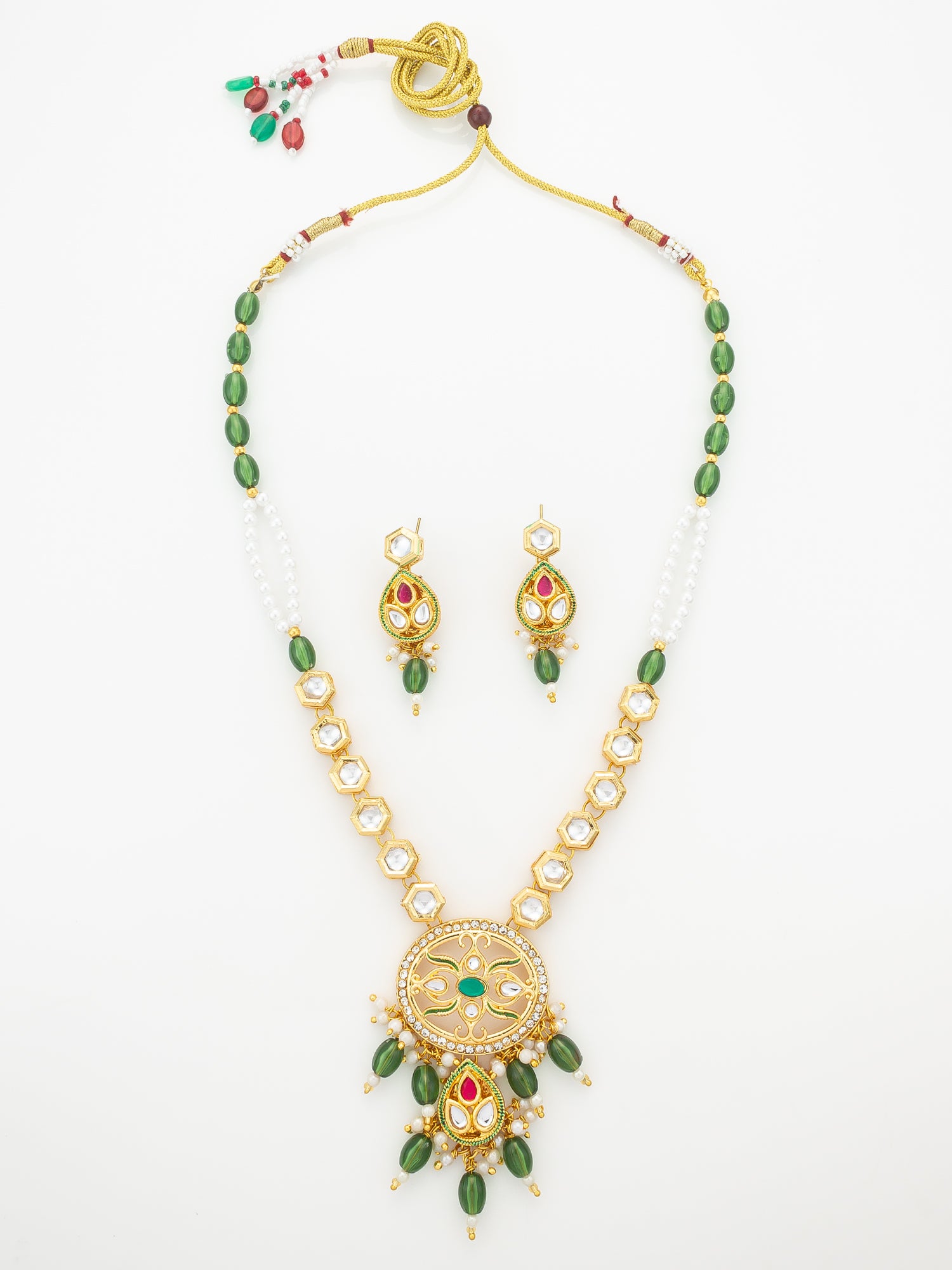 Aadita Green Meenakari Long Necklace Set with Oval Pendant and Teardrop Earrings