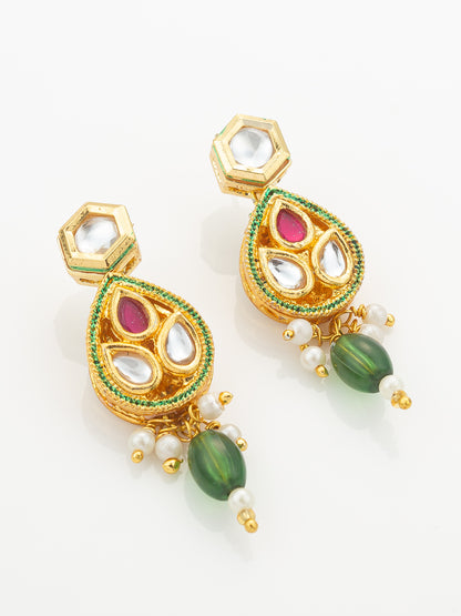 Aadita Green Meenakari Long Necklace Set with Oval Pendant and Teardrop Earrings