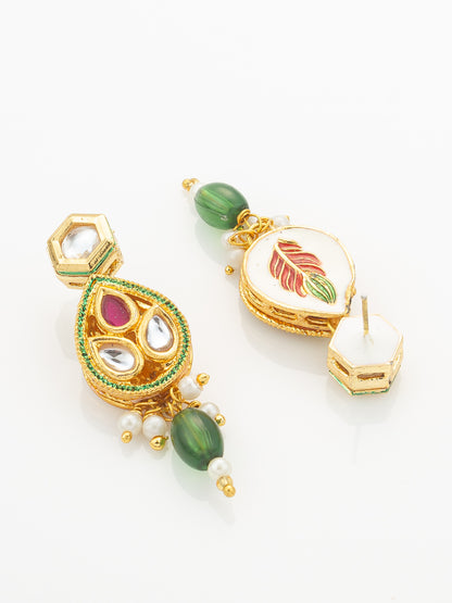 Aadita Green Meenakari Long Necklace Set with Oval Pendant and Teardrop Earrings