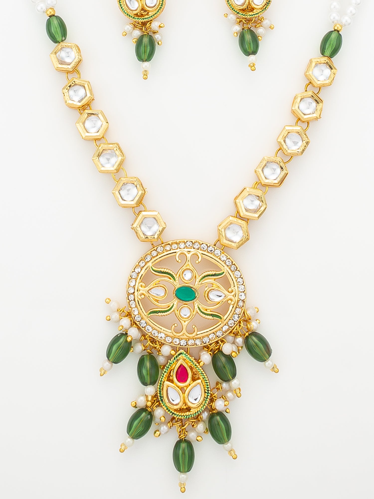 Aadita Green Meenakari Long Necklace Set with Oval Pendant and Teardrop Earrings