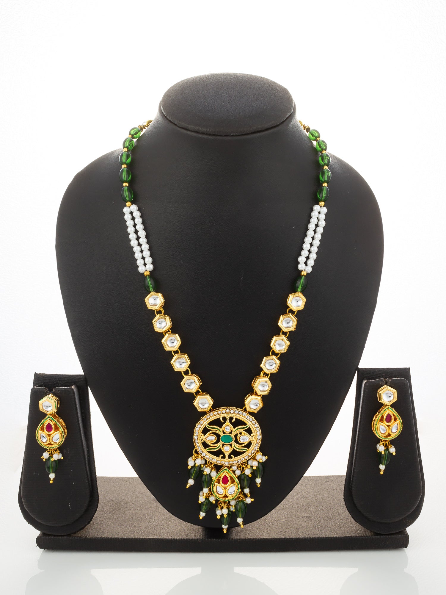 Aadita Green Meenakari Long Necklace Set with Oval Pendant and Teardrop Earrings