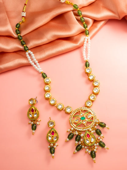 Aadita Green Meenakari Long Necklace Set with Oval Pendant and Teardrop Earrings