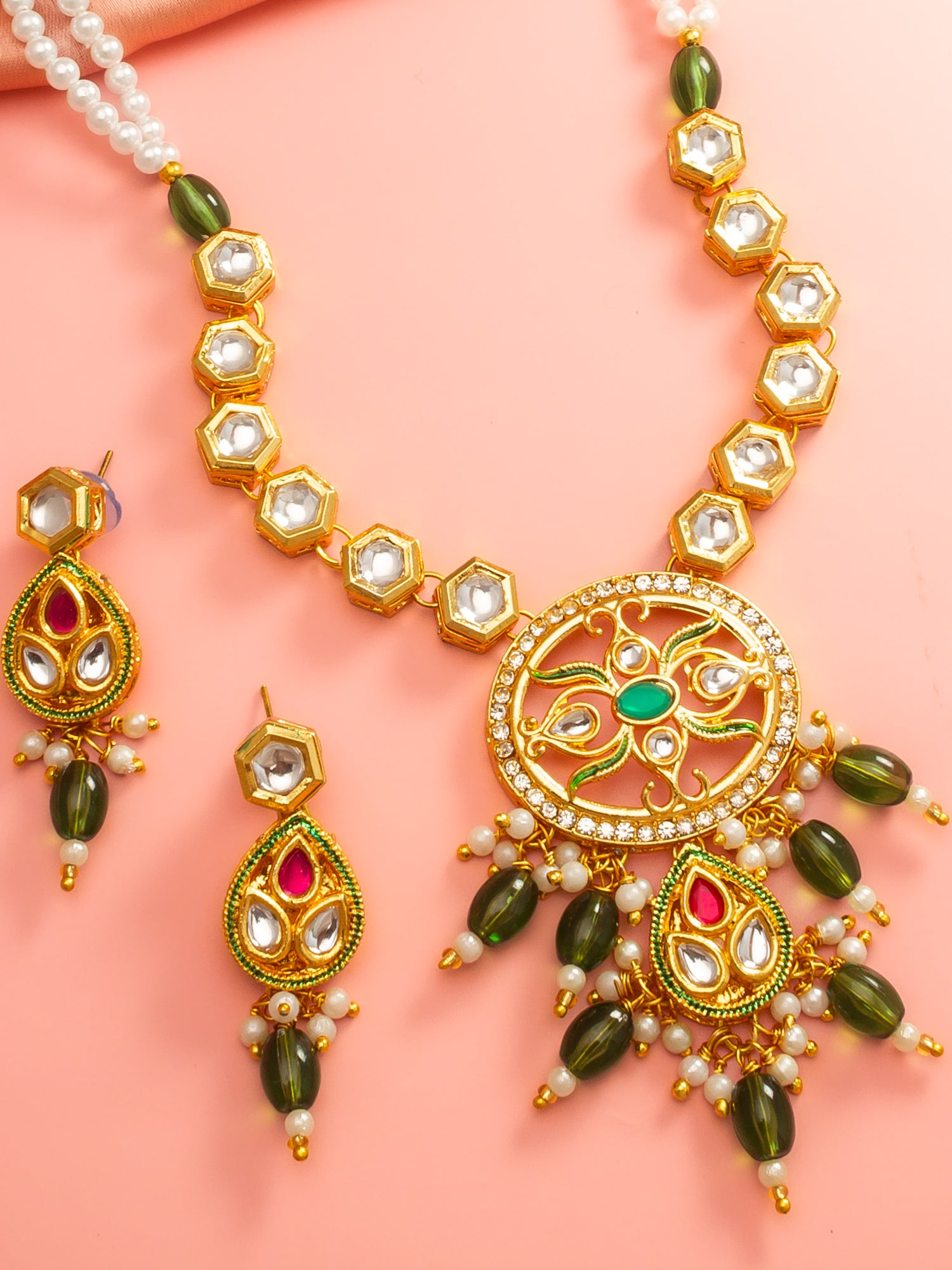 Aadita Green Meenakari Long Necklace Set with Oval Pendant and Teardrop Earrings
