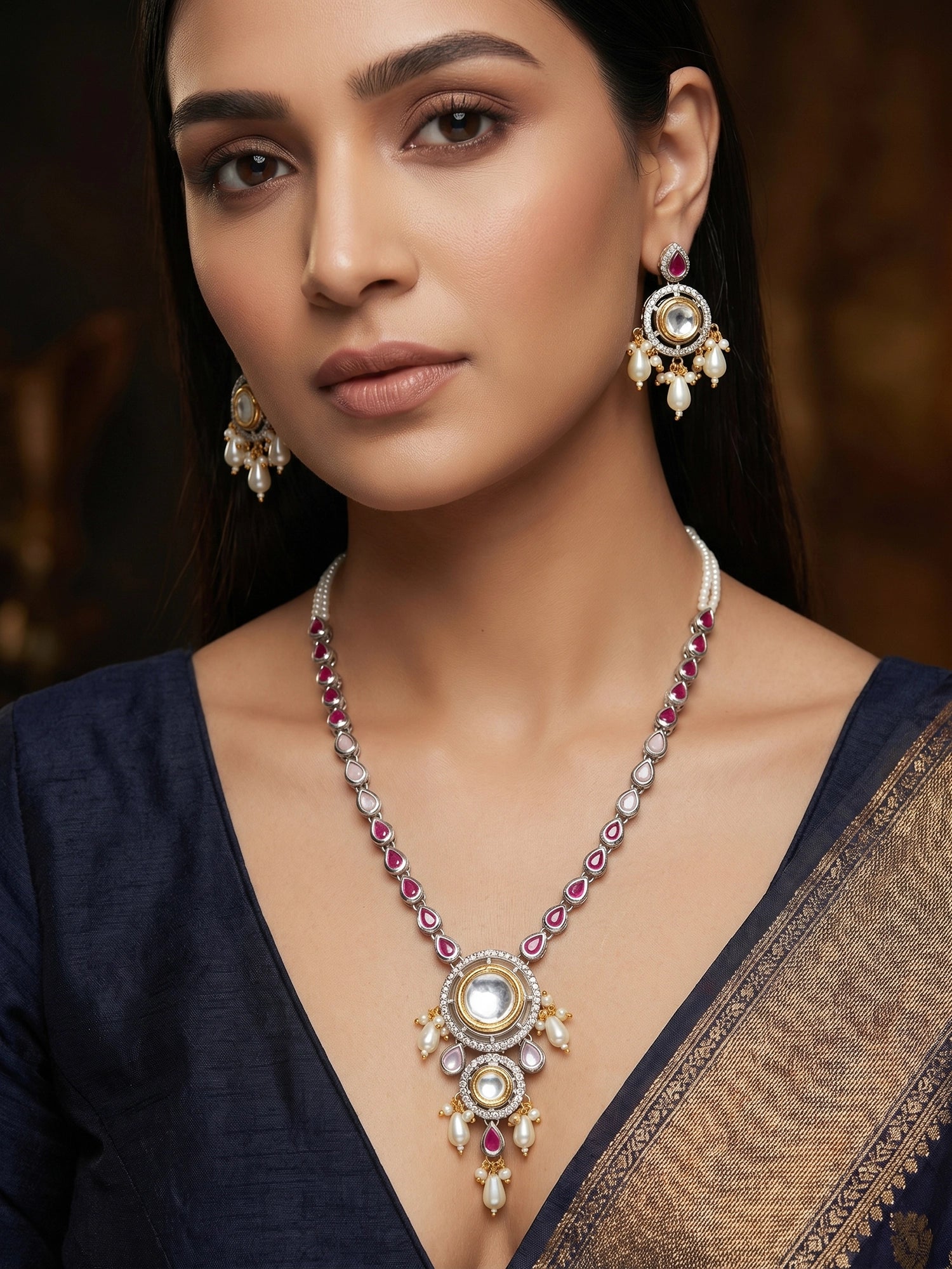 Aadita Kundan Long Necklace Set with Ruby-Tone Stones and Pearl Drops