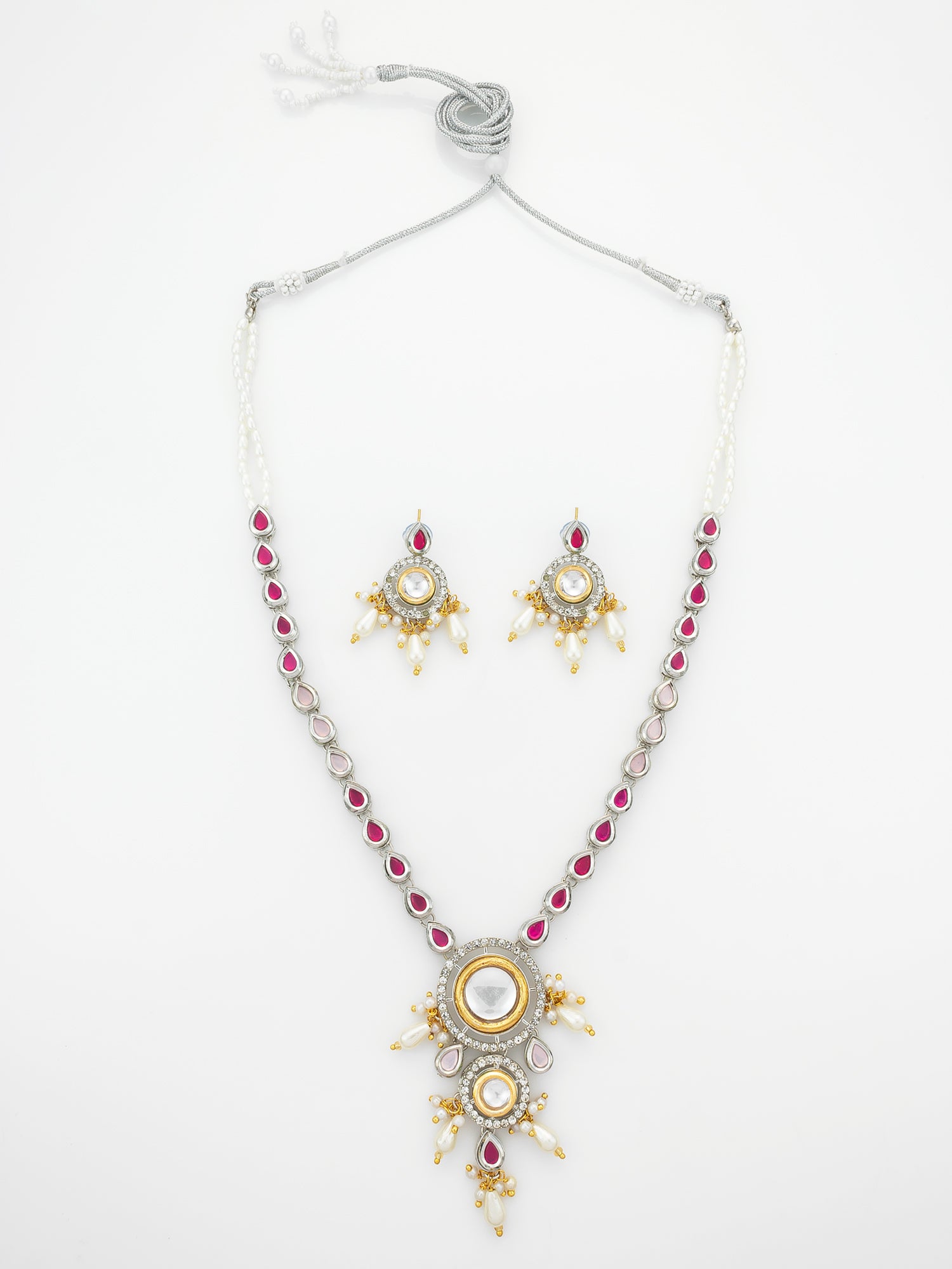 Aadita Kundan Long Necklace Set with Ruby-Tone Stones and Pearl Drops