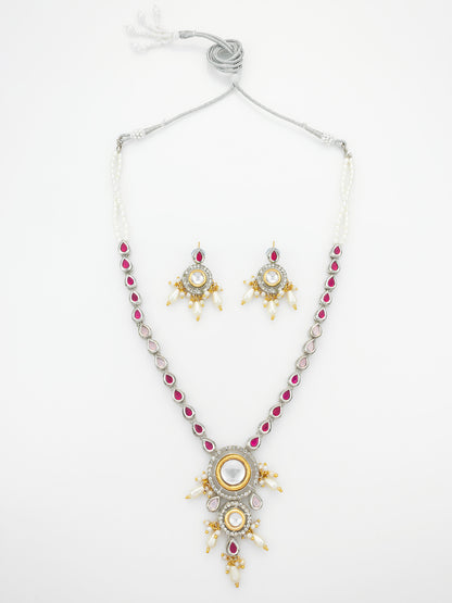 Aadita Kundan Long Necklace Set with Ruby-Tone Stones and Pearl Drops