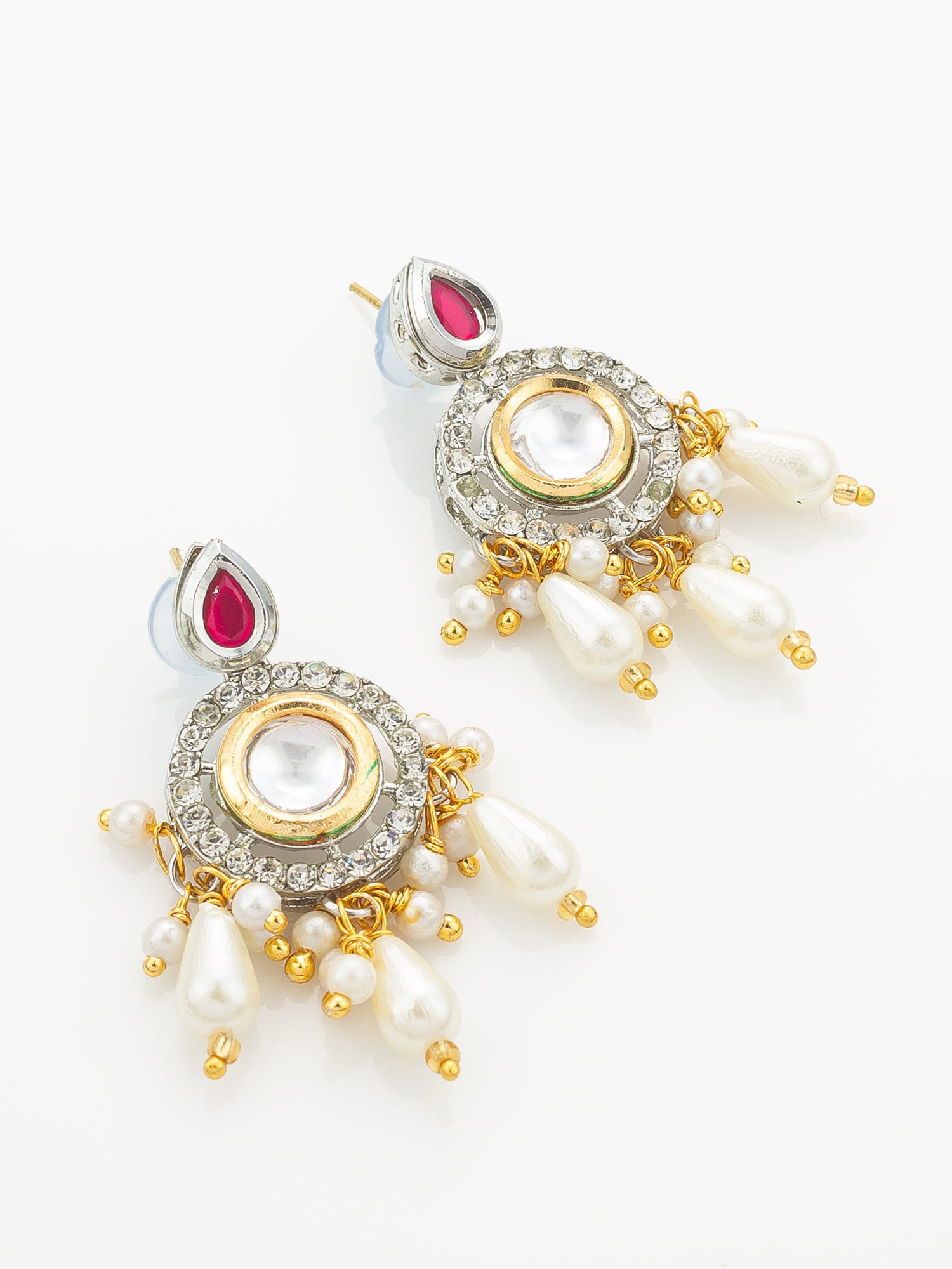 Aadita Kundan Long Necklace Set with Ruby-Tone Stones and Pearl Drops