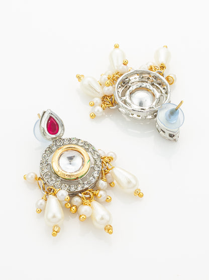 Aadita Kundan Long Necklace Set with Ruby-Tone Stones and Pearl Drops