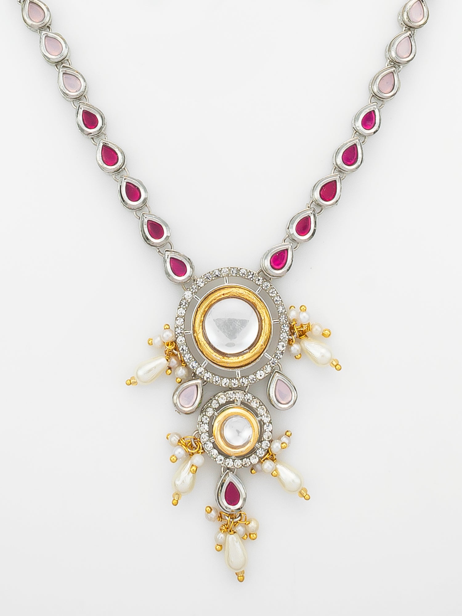 Aadita Kundan Long Necklace Set with Ruby-Tone Stones and Pearl Drops