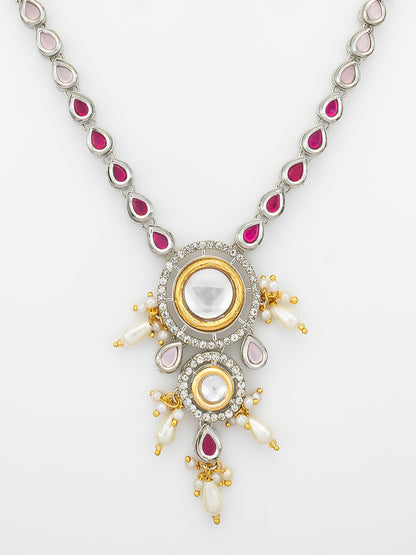 Aadita Kundan Long Necklace Set with Ruby-Tone Stones and Pearl Drops
