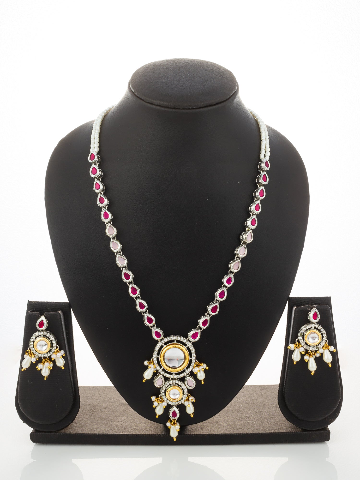 Aadita Kundan Long Necklace Set with Ruby-Tone Stones and Pearl Drops