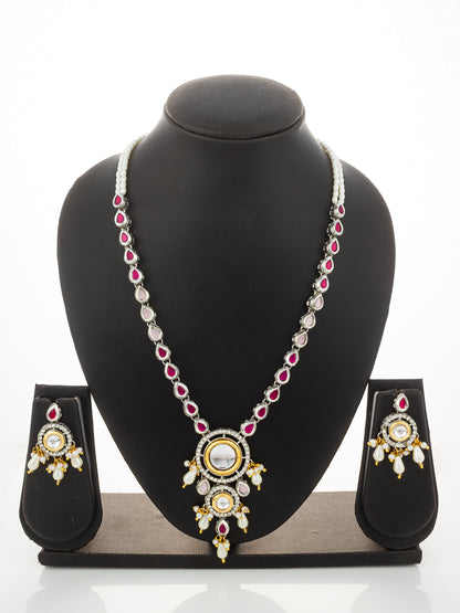 Aadita Kundan Long Necklace Set with Ruby-Tone Stones and Pearl Drops
