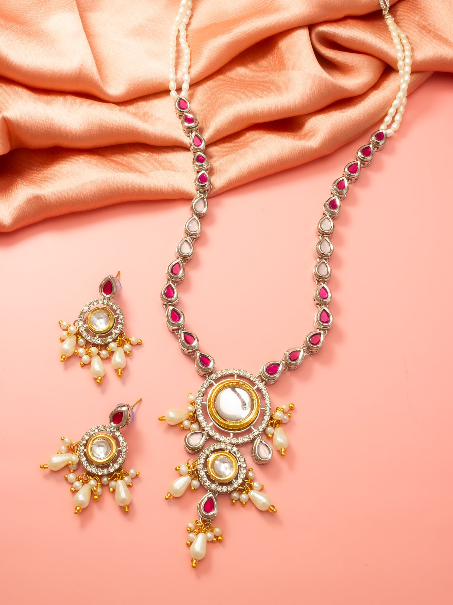 Aadita Kundan Long Necklace Set with Ruby-Tone Stones and Pearl Drops