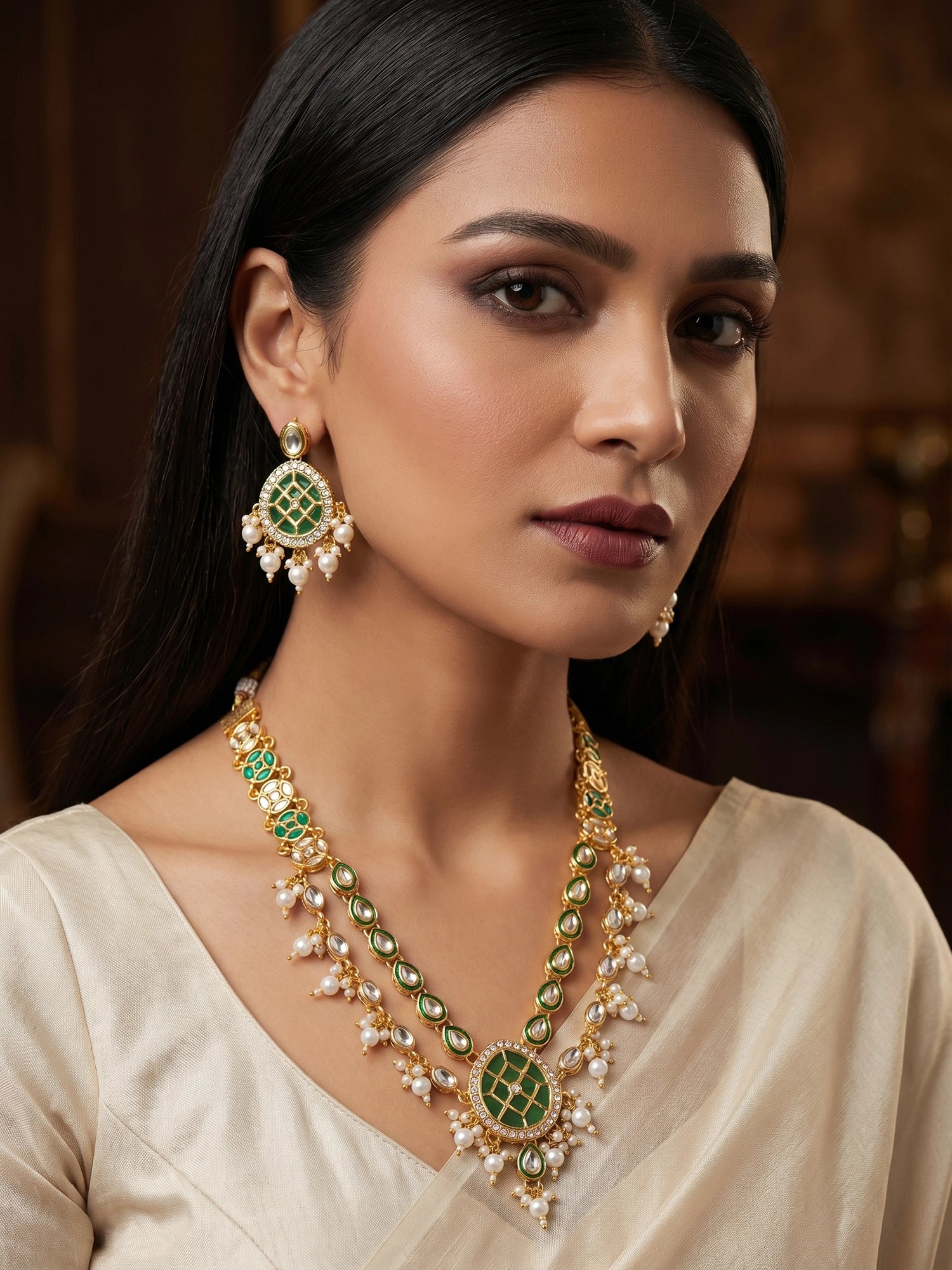 Aadita Green Meenakari Kundan Double-Layer Choker Necklace Set with Pearl Drops and Chandbali Earrings