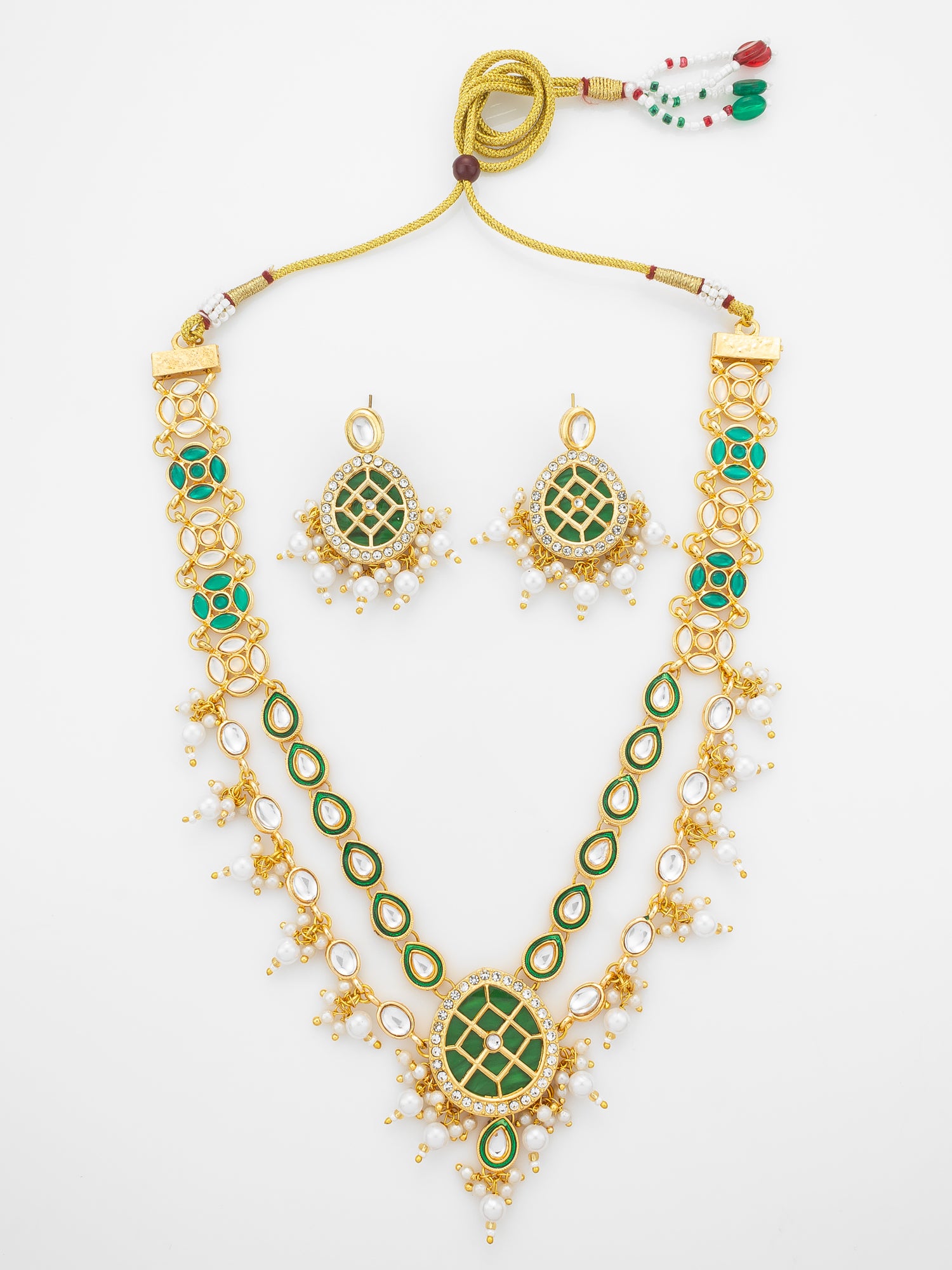 Aadita Green Meenakari Kundan Double-Layer Choker Necklace Set with Pearl Drops and Chandbali Earrings