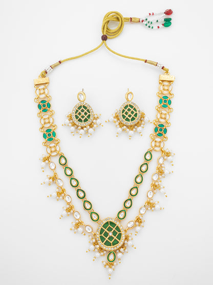 Aadita Green Meenakari Kundan Double-Layer Choker Necklace Set with Pearl Drops and Chandbali Earrings