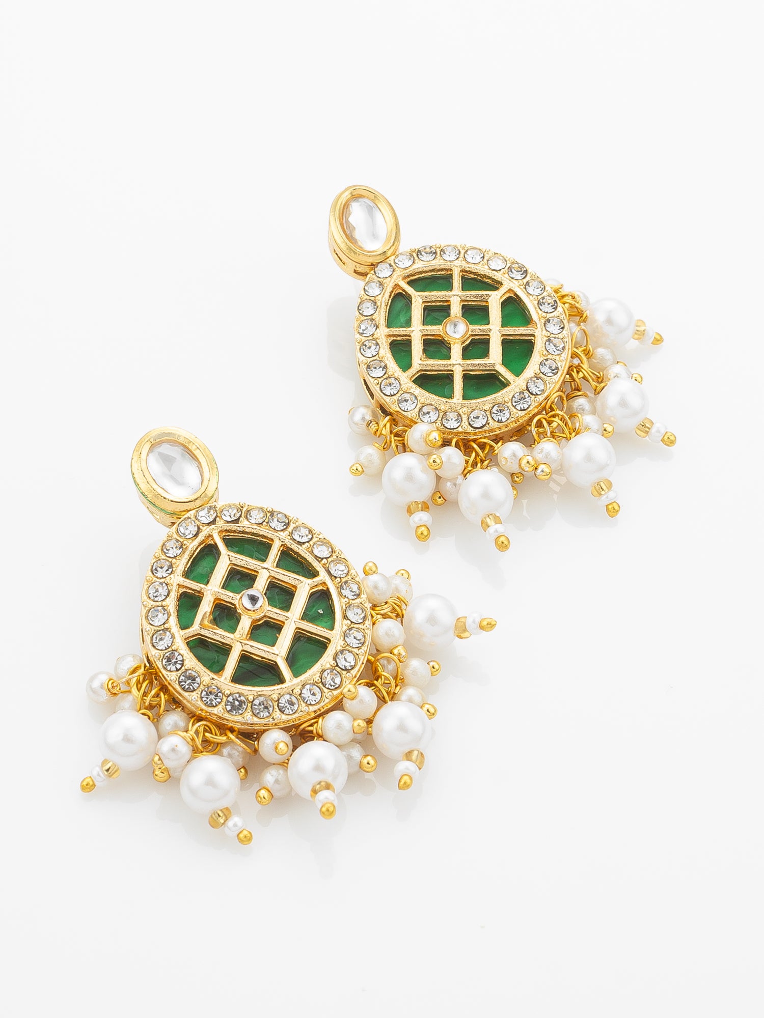 Aadita Green Meenakari Kundan Double-Layer Choker Necklace Set with Pearl Drops and Chandbali Earrings