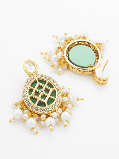 Aadita Green Meenakari Kundan Double-Layer Choker Necklace Set with Pearl Drops and Chandbali Earrings