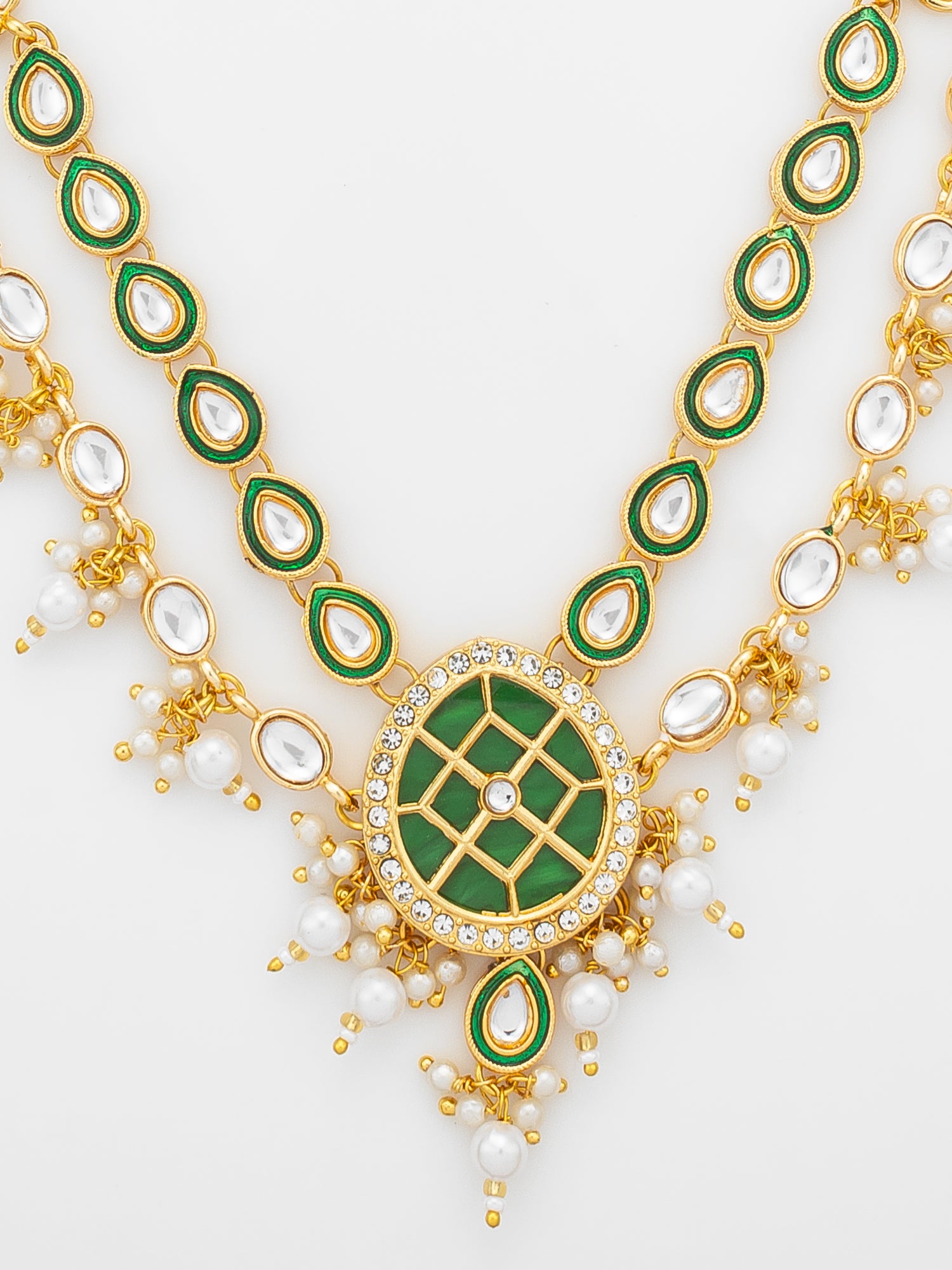Aadita Green Meenakari Kundan Double-Layer Choker Necklace Set with Pearl Drops and Chandbali Earrings