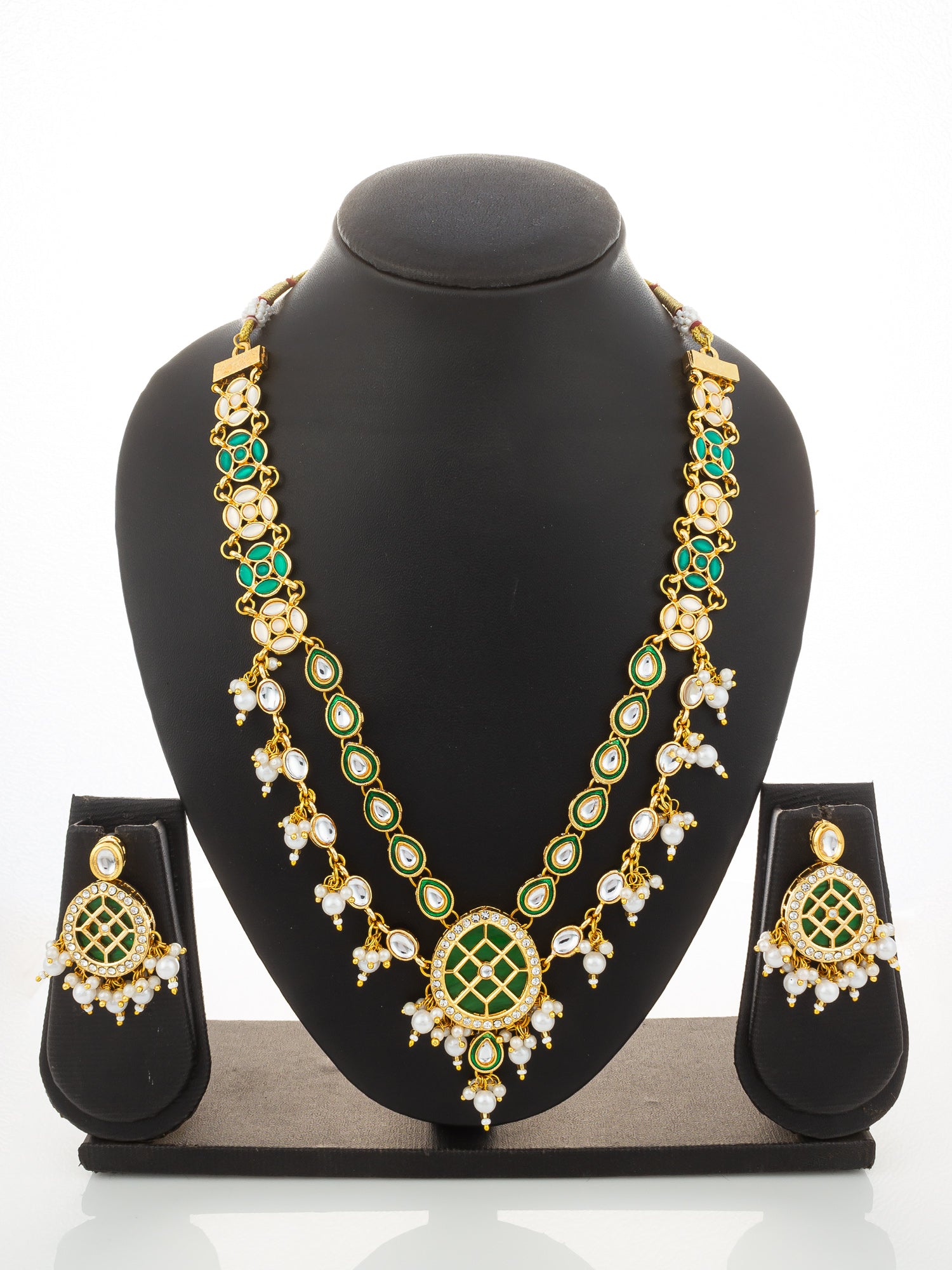 Aadita Green Meenakari Kundan Double-Layer Choker Necklace Set with Pearl Drops and Chandbali Earrings