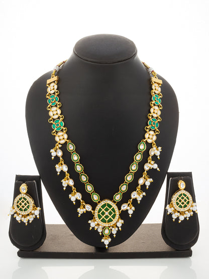 Aadita Green Meenakari Kundan Double-Layer Choker Necklace Set with Pearl Drops and Chandbali Earrings