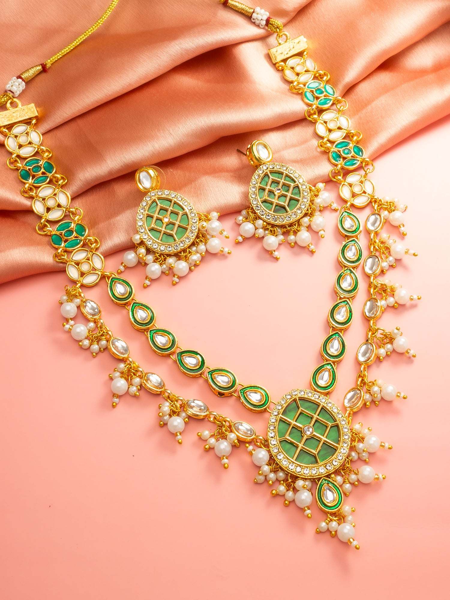 Aadita Green Meenakari Kundan Double-Layer Choker Necklace Set with Pearl Drops and Chandbali Earrings
