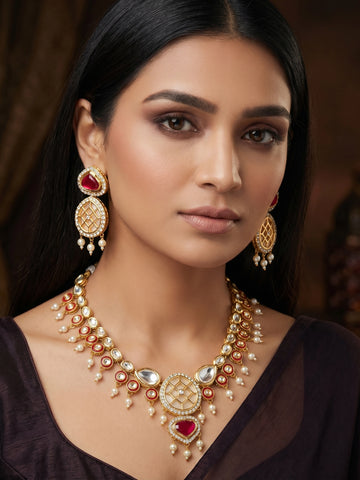 Aadita Red Kundan Polki Necklace Set with Meenakari Accents and Drop Earrings
