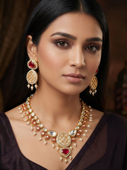 Aadita Red Kundan Polki Necklace Set with Meenakari Accents and Drop Earrings