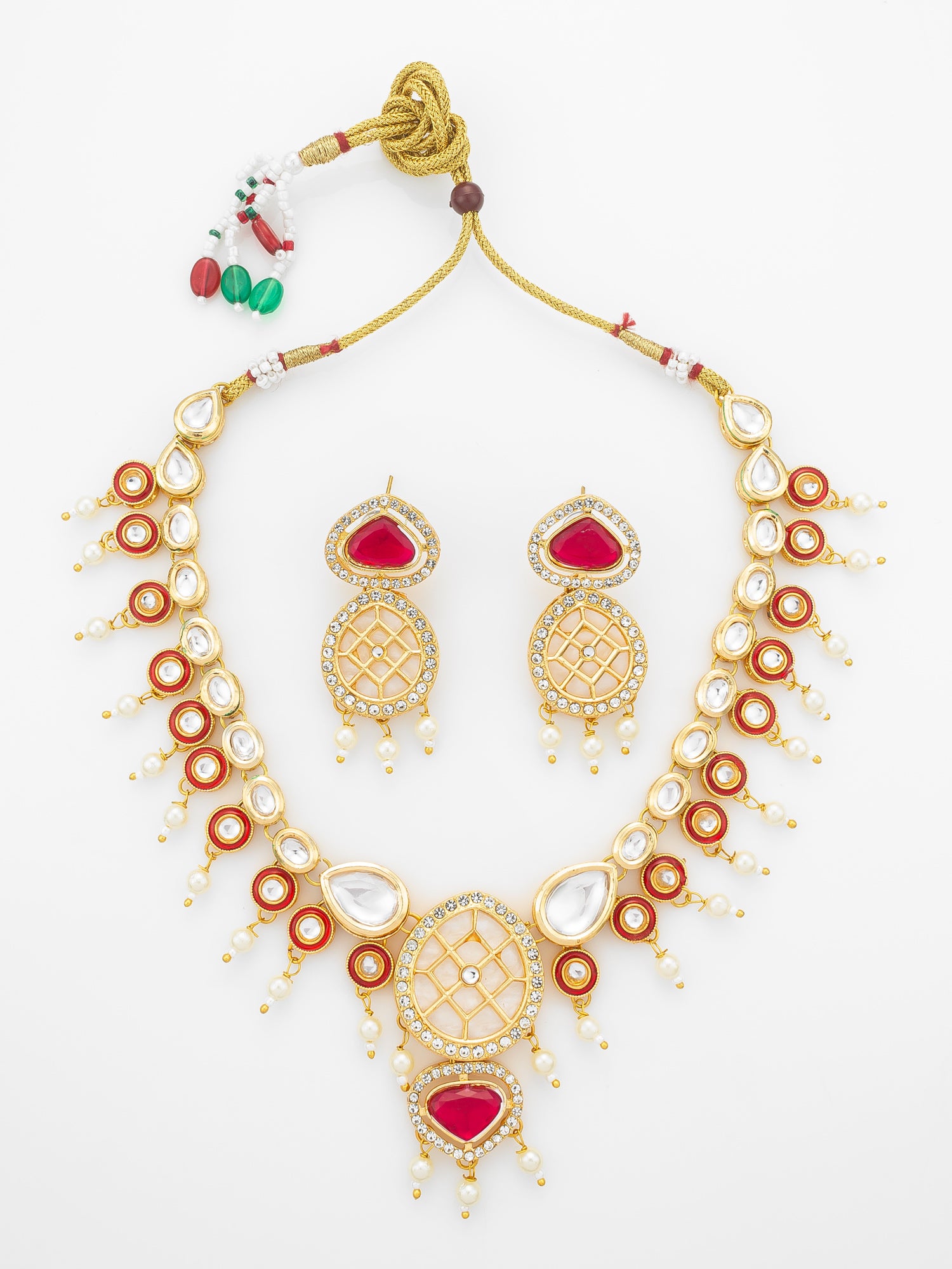 Aadita Red Kundan Polki Necklace Set with Meenakari Accents and Drop Earrings