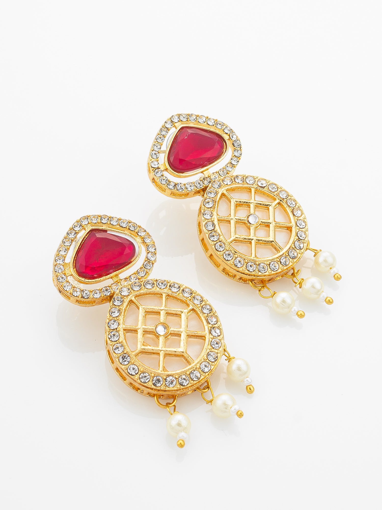 Aadita Red Kundan Polki Necklace Set with Meenakari Accents and Drop Earrings