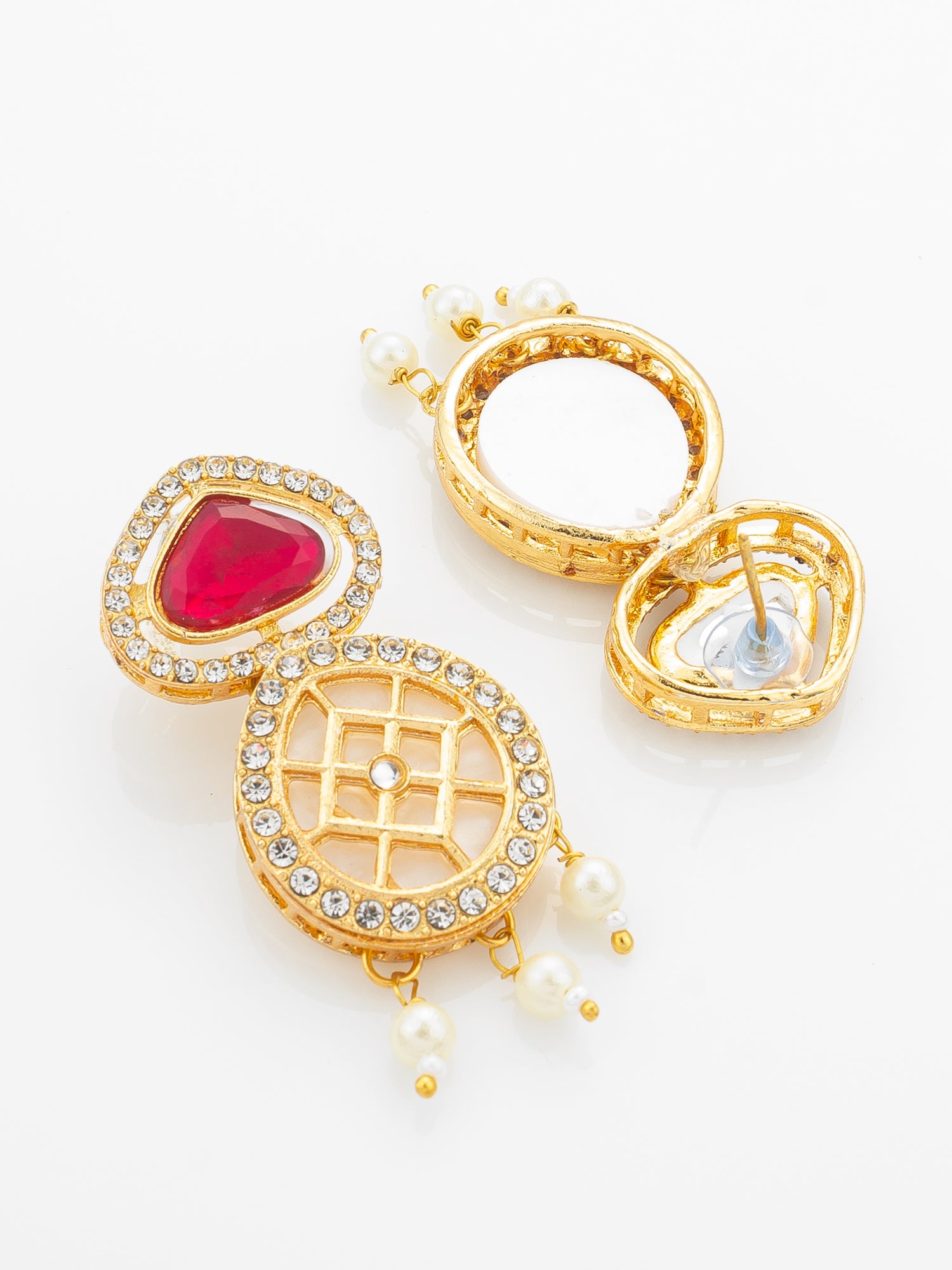 Aadita Red Kundan Polki Necklace Set with Meenakari Accents and Drop Earrings