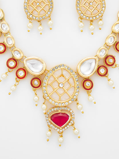 Aadita Red Kundan Polki Necklace Set with Meenakari Accents and Drop Earrings