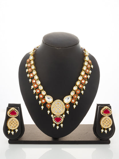Aadita Red Kundan Polki Necklace Set with Meenakari Accents and Drop Earrings
