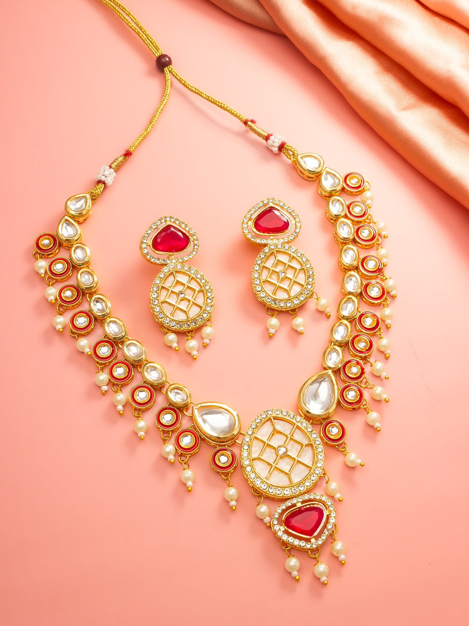 Aadita Red Kundan Polki Necklace Set with Meenakari Accents and Drop Earrings