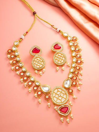 Aadita Red Kundan Polki Necklace Set with Meenakari Accents and Drop Earrings