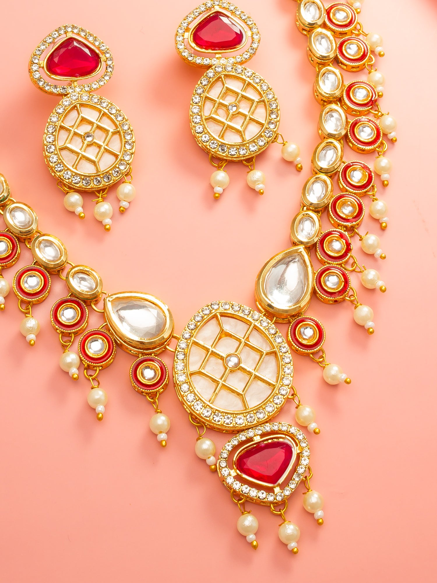 Aadita Red Kundan Polki Necklace Set with Meenakari Accents and Drop Earrings