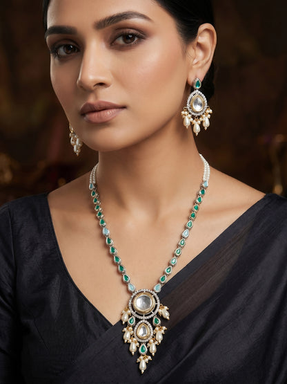 Aadita Silver-Plated Kundan Necklace Set with Green Stones and Pearl Drops