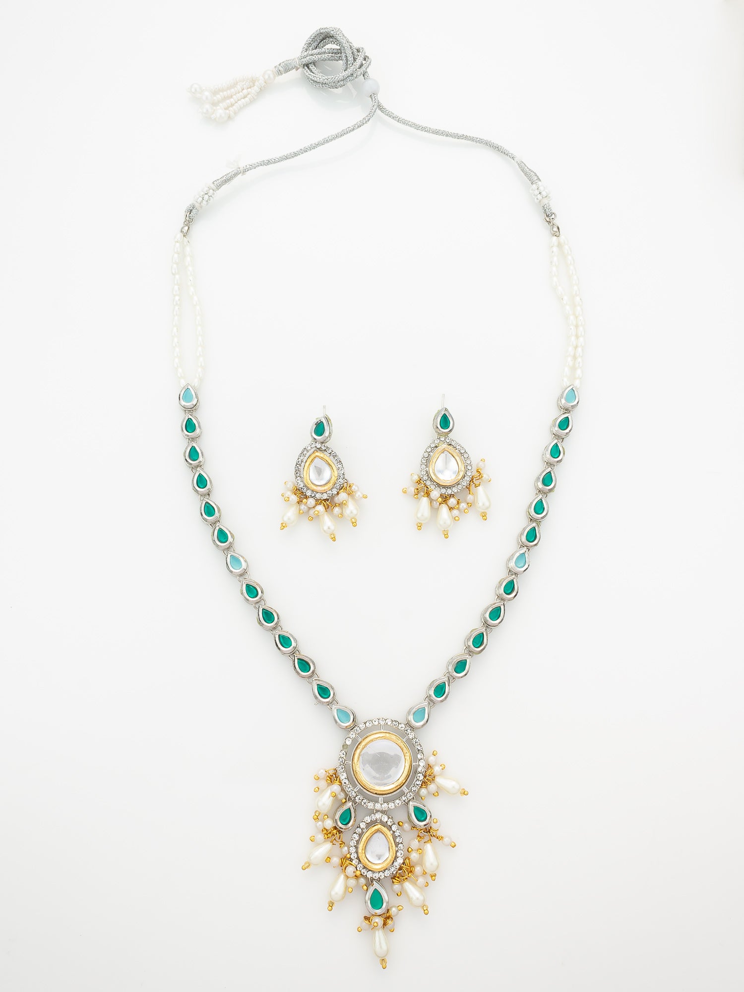 Aadita Silver-Plated Kundan Necklace Set with Green Stones and Pearl Drops