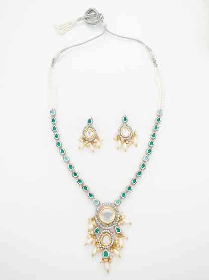 Aadita Silver-Plated Kundan Necklace Set with Green Stones and Pearl Drops
