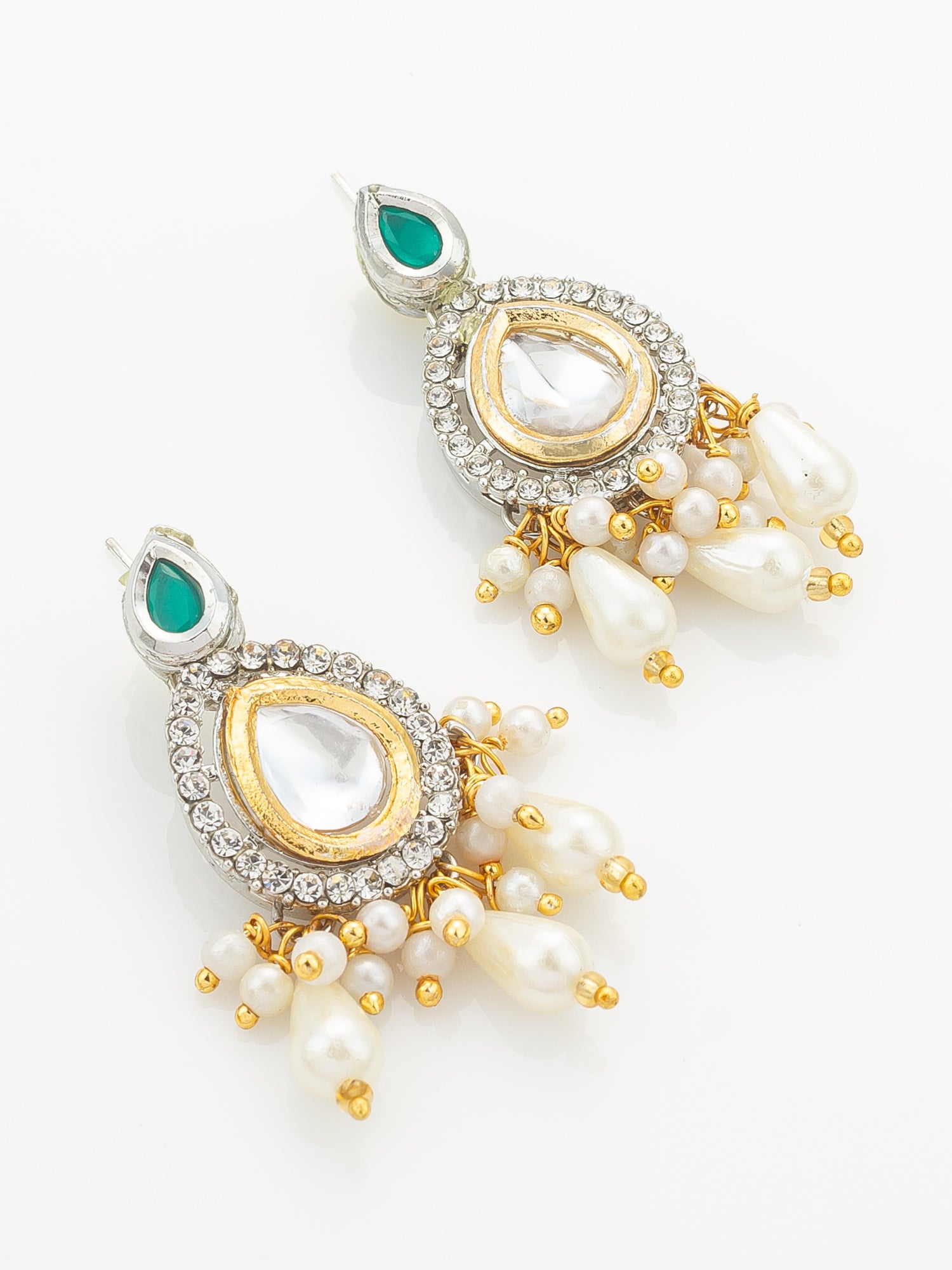 Aadita Silver-Plated Kundan Necklace Set with Green Stones and Pearl Drops