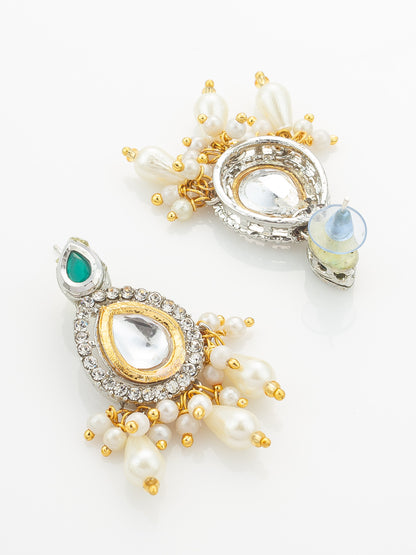 Aadita Silver-Plated Kundan Necklace Set with Green Stones and Pearl Drops